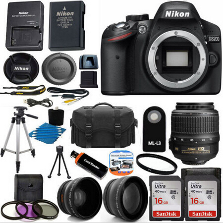 Nikon D3200 Digital SLR Camera + 3 Lens Kit 18-55mm VR NIKKOR Lens + 32GB Bundle $369.95 