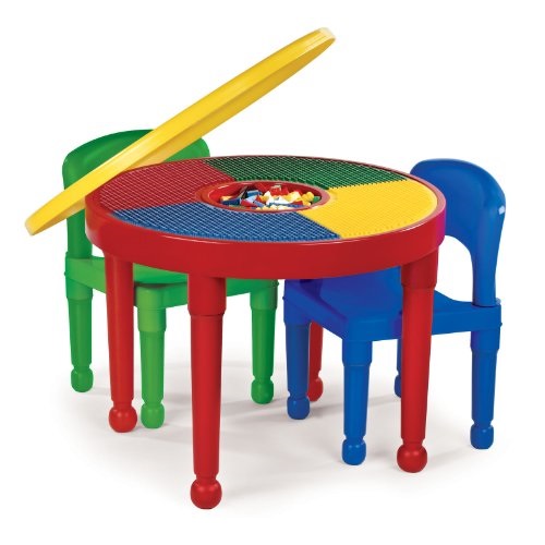 Humble Crew, Red/Green/Blue Kids 2-in-1 Plastic Building Blocks-Compatible Activity Table and 2 Chairs Set, Round, Primary Colors,only $43.01