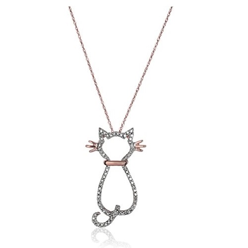 14k Rose Gold and Diamond Cat Pendant Necklace (1/6 cttw, I-J Color, I2-I3 Clarity), only $237.99, free shipping