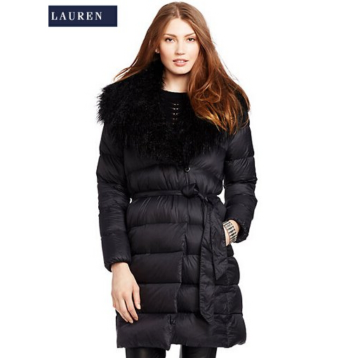 Ralph Lauren 拉夫劳伦Quilted Down Wrap Coat女士仿皮草领时尚羽绒服 黑色款 特价$149.99