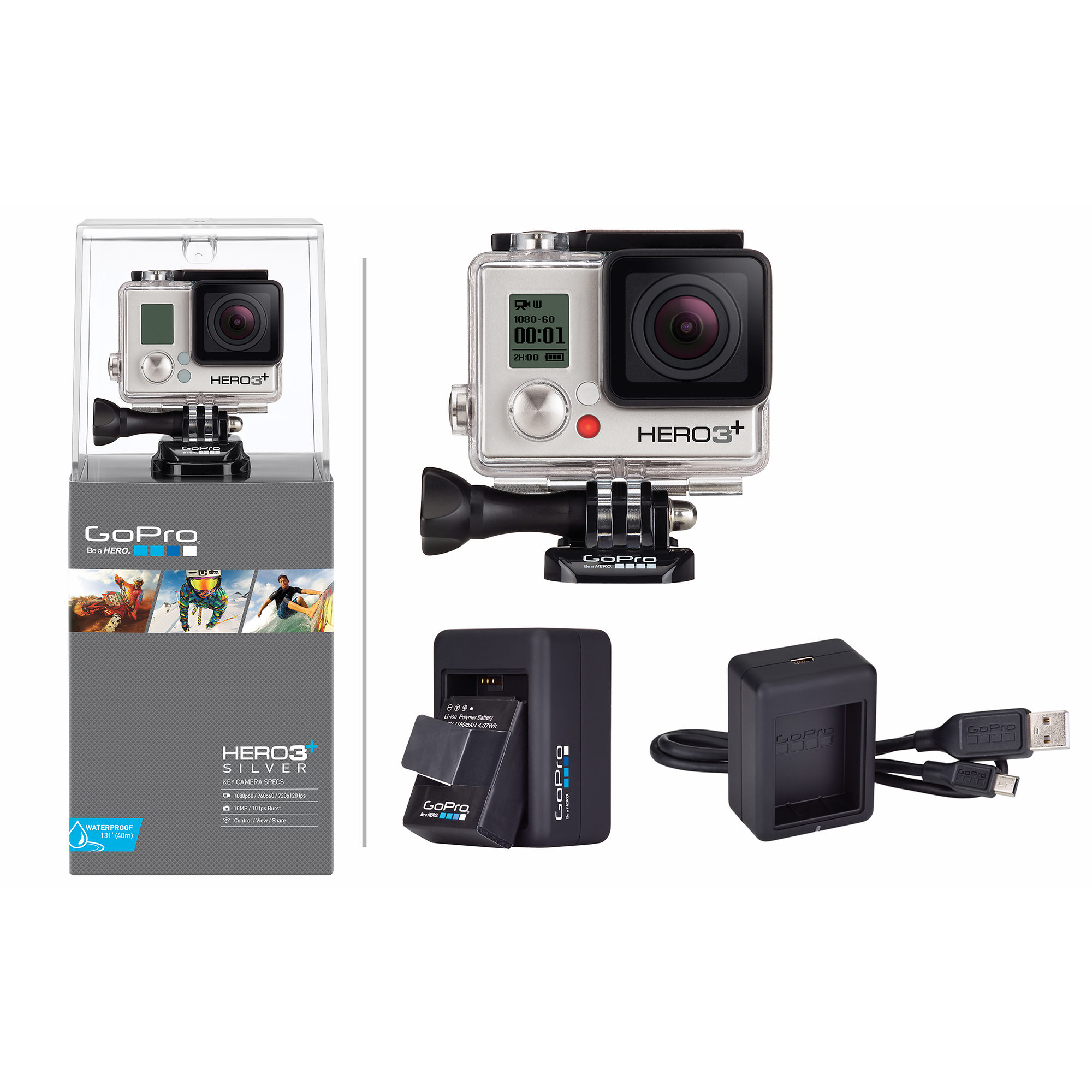 GoPro Hero3+ 银色版运动摄像机 + 额外电池充电器套装 $242.95