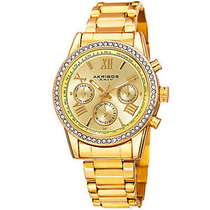 Akribos XXIV Women's AK872YG Round Champagne Dial Crystal Accent Three Hand Quartz Gold Tone Bracelet Watch  $44.99